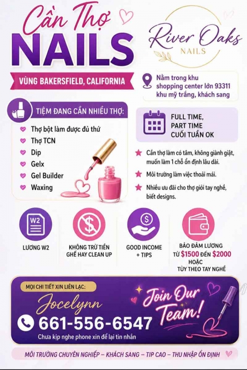 Việc Làm Nail Ở Bakersfield, California – Cần Thợ bột, Dip, Gel