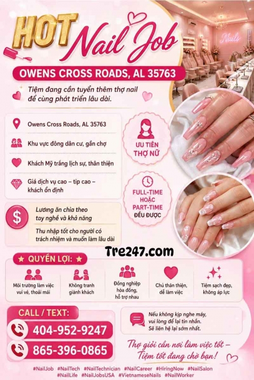 Việc Làm Nail Ở Owens Cross Roads, Alabama – Cần Thợ Nail