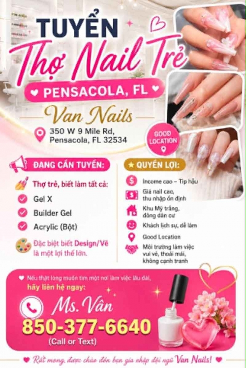 Việc Làm Nail Ở Pensacola, Florida – Cần Thợ bột, Gel, Design